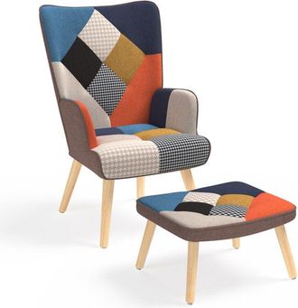 IDMarket Poltrona scandinava ivar con poggiapiedi in tessuto patchwork multicolore e stampa pied-de-poule