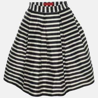 Carolina Herrera White/navy Blue Stripe Silk Blend Pleated Midi Skirt