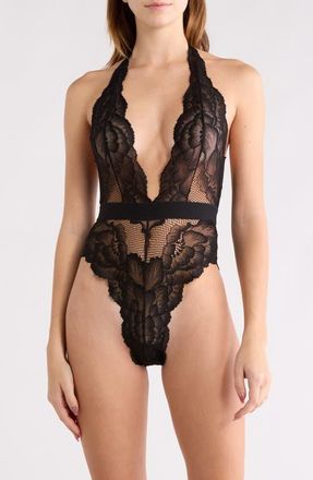 Kilo Brava Floral Lace Halter Teddy in Black at Nordstrom, Size 3X-Large