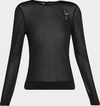 Simone Rocha Sheer Fitted Ballet Mesh Crystal Rose Top