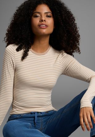 Flashlights Longsleeve FLASHLIGHTS, Damen, Gr. 36/38, sand, sanftes wei&szlig;, Jersey, Obermaterial: 47% Polyester, 46% Viskose, 7% Elasthan, gestreift, Basic h&uuml;ftlang