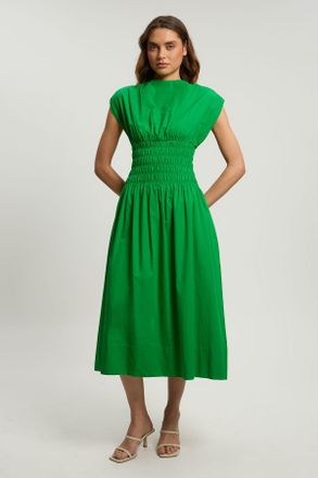 Karen Millen Womens Cotton Poplin Shirred Waist Midi Dress - Green - Size 14 UK
