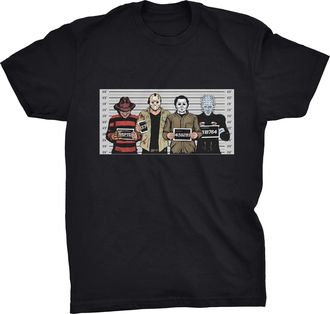 Generic Horror Movie Killers Lineup Halloween Mugshots T-Shirt (Black, L)