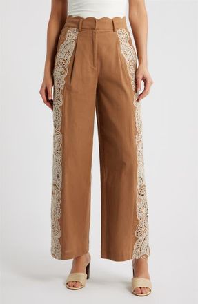 Ciebon Celena Embroidered Detail Cotton Pants in Brown/Cream at Nordstrom, Size Medium