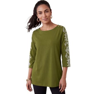 Jessica London Stretch Cotton Boatneck Tunic in Moss Green Medallion at Nordstrom, Size 36