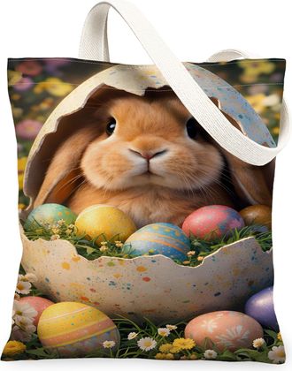 Generic Easter Bunny Canvas Tote Bags, Cute Rabbit Egg Design Reusable Shopping Bags, Spring Floral Lightweight Washable Shoulder F, Multicolor, 13x15 Inch