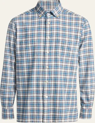Kiton Mens Double-Pocket Cotton Plaid Button-Down Shirt