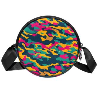 Generic Circle Crossbody Bag for Women, Colorful Camouflage Small Sling Bag Daypack with Zipper Adjustable Shoulder Straps Casual Ladies Girls Round Purse
