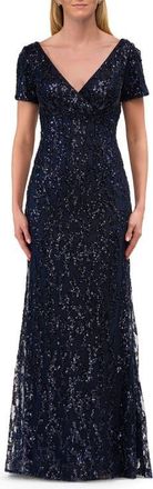 La Femme Empire Waist Evening Dress with Print Sequin Design in Navy at Nordstrom, Size 10
