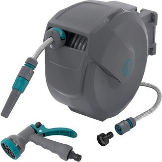 ECD Germany Carrete De Manguera 15m + 1,5m Extensible De Pvc Enrollador Autom&aacute;tico Portamanguera Con Bloqueo Y 9 Funciones De Pulverizaci&oacute;n, Tambor De Pared Girat
