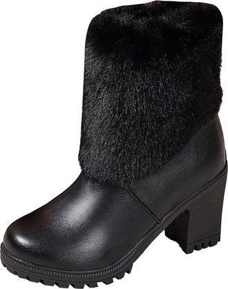 Generic Wide Fitting Ladies Boots Heel Womens Boot Breathable Fashion Round Head Chunky Heel Womens Shoes Calf Boots for Womens Size 5 Black