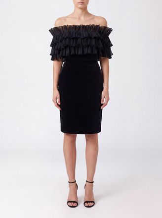 Elisabetta Franchi Off-the-Shoulder Embroidered Velvet Midi Sheath Dress