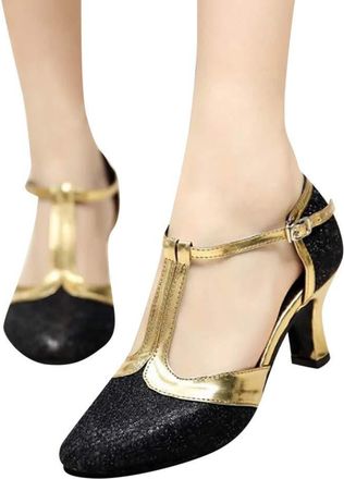 Generic Womens Ballroom Latin Dancing Shoes Sequins Shoes Social Dance Shoe Women Summer Heels (Black, 4.5)