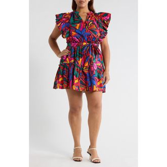Sugarlips Rainbow Tropics Floral Ruffle Minidress in Red-Multi at Nordstrom, Size 3X