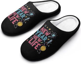 Generic Happy New Year New Life Slippers Men Winter Warm Cotton Anti-Slip Indoor Slip-Ons House Shoes