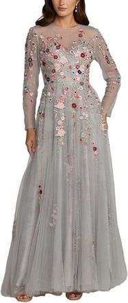Mac Duggal Embroidered Illusion High Neck Long Sleeve A Line Gown in Platinum Multi at Nordstrom, Size 4