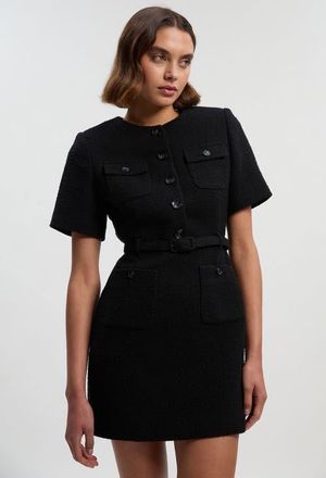 Karen Millen Tweed Belted Mini Dress in Black at Nordstrom, Size 10