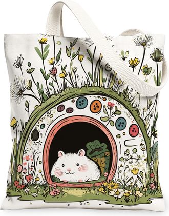Generic Spring Hamster Canvas Tote Bag for Shopping 13x15, Fun Flower Animal House Reusable Grocery Print Pattern Bag for Women, Cute Wildflower Beach Aesthet