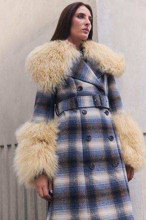 Karen Millen Womens Wool & Shearling Check Tailored Double Breasted Belted Midi Coat - Multicolour - Size 10 UK