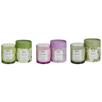 Beliani Conjunto De 3 Velas Arom&aacute;ticas 100% Cera De Soja Mecha De Algod&oacute;n Vidrio Floral Oriental Fragancia De Hierbas T&eacute; Blanco/lavanda/jazm&iacute;n Colorful Barrel