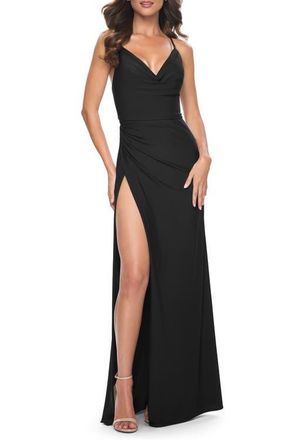 La Femme Simple Jersey Dress with Ruching and Slit in Black at Nordstrom, Size 12