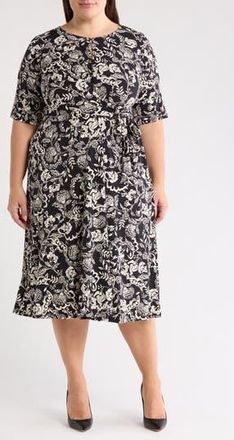 London Times Floral Elbow Sleeve Side Tie Fit & Flare Midi Dress in Black/Cream at Nordstrom Rack, Size 14W