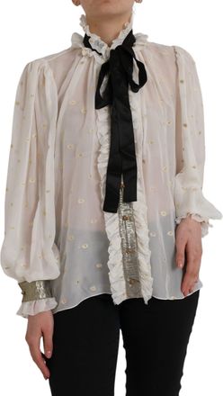 Dolce & Gabbana Womens Silk Blouse High Neck Ruffle - Ivory - Size EU 38 (Womens)