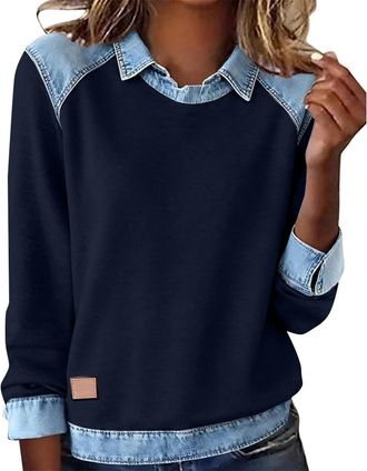 Generic Sweatshirts for Women UK Denim Patchwork Lapel Collar Womens Long Sleeve Sweatshirt Ladies Casual Cozy Tops Lightweight Colour Block Blouse Seasonal C