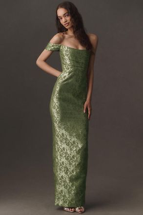 Sau Lee Jackson Jacquard Asymmetric Gown