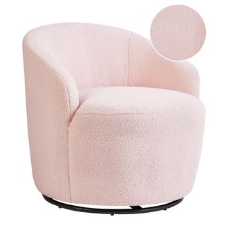 Beliani Sill&oacute;n Respaldo Curvo Glamour Art Deco Boucl&eacute; Vell&oacute;n Base Negra Giratoria 360&deg; Rosa Pastel Davik