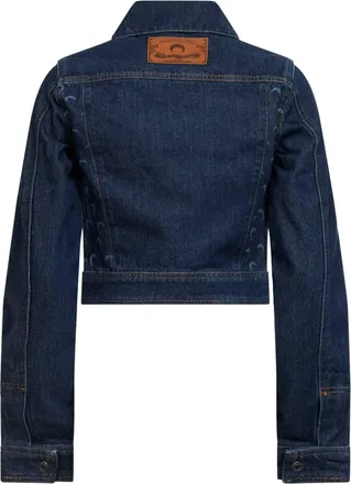 Marine Serre Womens Denim Trucker Jacket, Cropped Organic Midnight Blue Cotton Bomber Jackets
