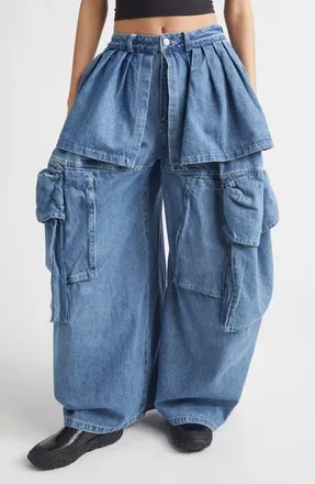 Collina Strada Hazel Skirt Panel Oversize Denim Cargo Pants in Mid Blue at Nordstrom, Size Medium
