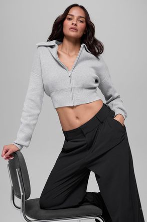 Alo | Scholar Knit Cropped Full Zip Jacket in Athletic Heather Grey, Size: Large