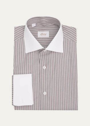 Brioni Mens Micro-Stripe Solid-Trim Dress Shirt