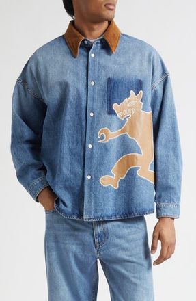 Marni Wolf Appliqu&egrave; Denim Button-Up Shirt in Deep Blue at Nordstrom, Size 38 Us