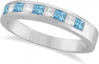 Allurez Princess Channel-Set Diamond & Aquamarine Ring Band 14K White Gold