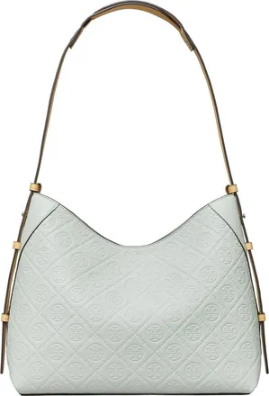Tory Burch T Monogram Pebble Leather Messenger Bag in Light Titanium at Nordstrom