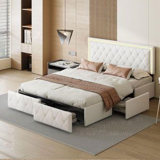 OEM Cama De Adulto 160x200 Cm Blanca Con Led Inteligente Y Almacenamiento, Somier De Lamas (capacidad 300 Kg)