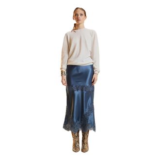 Cynthia Rowley Satijnen Kanten Rok - Dames - Midirokken - Blauw - S - Satijn - Rokken