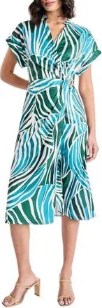 Maggy London Cap Sleeve Chain Detail Faux Wrap Midi Dress in Cream/Teal at Nordstrom Rack, Size 14