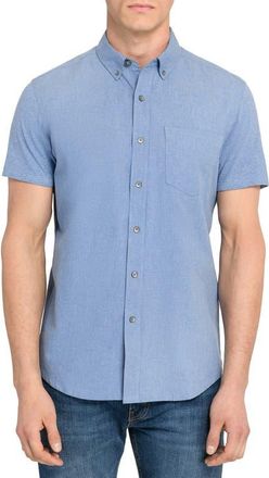 W.R.K Reworked Slim Fit Solid Short Sleeve Cotton Button-Down Shirt in Blue at Nordstrom, Size Xx-Large