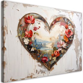 Feeby Cuadro Sobre Lienzo, Coraz&oacute;n 3d Con Flores En Estilo Shabby Chic, 120x80