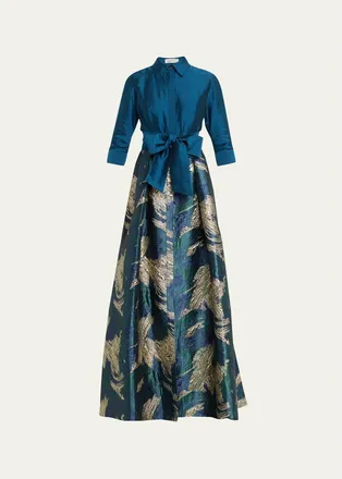 Teri Jon A-Line Metallic Jacquard & Taffeta Shirt Gown