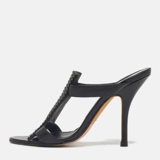 Gina Black Crystals And Leather Slide Sandals