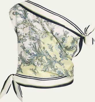Veronica Beard Tari Printed One-Shoulder Satin Top