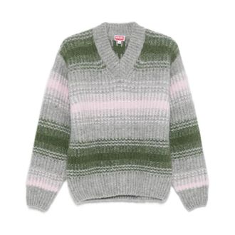 Kenzo V-neck Knitwear, male, Multicolor, S, Grey V-Neck Wool-Blend Jumper