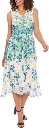 London Times Floral Sleeveless Empire Waist Chiffon Midi Dress in White/Blue at Nordstrom Rack, Size X-Large