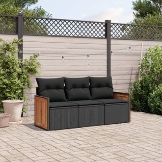 vidaXL Set De Sof&aacute;s De Jard&iacute;n Con Cojines 3 Pzas Rat&aacute;n Sint&eacute;tico Negro Vidaxl