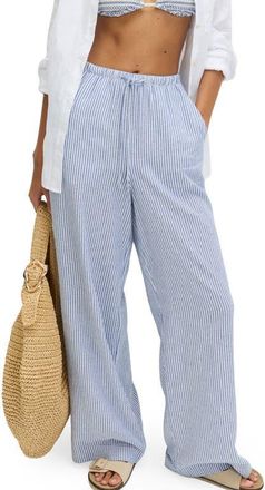 M&S Collection Stripe Wide Leg Linen Blend Drawstring Pants in Blue/multi at Nordstrom, Size 14