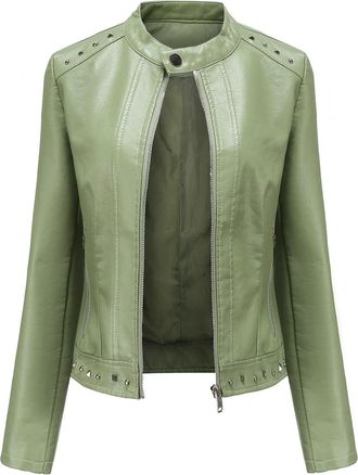 Dissa Womens Green Stylish Faux Leather Jacket Stand Collar Zipper Slim Short Biker Jacket,5XL,C5092N